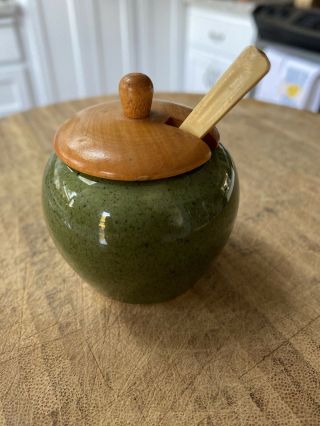 Vintage Mcm Jie Gantofta Sweden Mustard Pot Jar Ceramic Wooden Lid Spoon