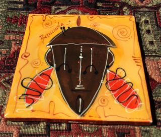 African Mask Glazed Ceramic Tile Hotplate 5” X 5” Made In Italy Colorful Bermuda