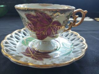 Vintage Hand Painted Fan Crest Fine China Tea Cup & Saucer Set 2650 - Leaves