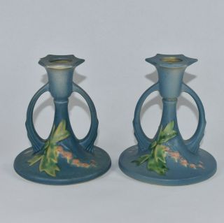 Vintage Roseville Pottery Bleeding Heart Blue Candle Holders 1139 - 4