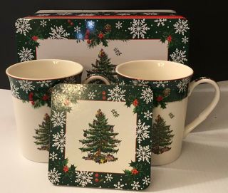 Spode Christmas Tree 4 Piece Set - Tin W/ Lid 2 Ceramic Mugs 1 Coaster
