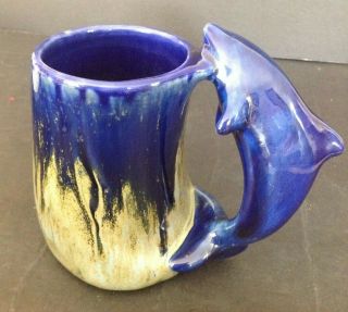Vintage Doug Wylie Dolphin Handled Cobalt Blue Glazed Pottery Coffee Mug