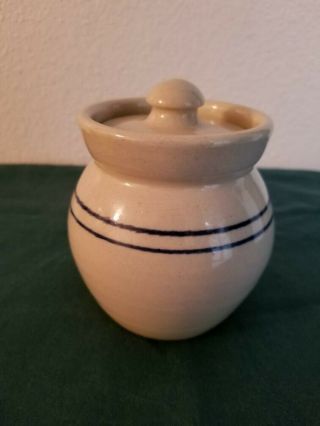 Yesteryears Marshall Texas Hand Turned Pottery Blue Stripe Crock With Lid 4 "