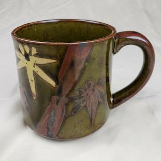 Handmade Ceramic Pottery Coffee Mug Cup Green Brown Leaves Bamboo Asian Inspired