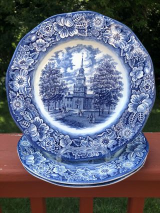 Liberty Blue Staffordshire Independence Hall 10” Dinner Plates,  Set Of 3