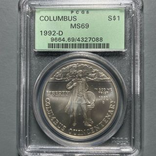 1992 - D $1 Columbus 90 Silver Commemorative Dollar Pcgs Ms69 (57147)