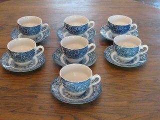 7 Staffordshire China Liberty Blue Cups & Saucers Old North Church Paul Revere