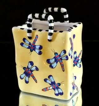 Euc Patricia Dupont 1999 Hand - Painted Yellow Ceramic Shopping Bag W/ Dragonflies