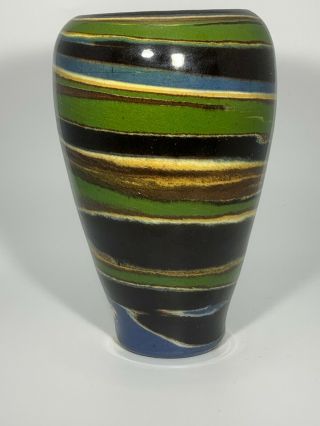 Desert Sands Pottery Vase Green,  Blue,  Brown,  Yellow,  White Swirl 6.  75 " Stamped