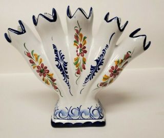 Vintage 5 Hole Vase Ceramic Hand Painted Portugal Blue Trim Flowers 7 " X 6 "