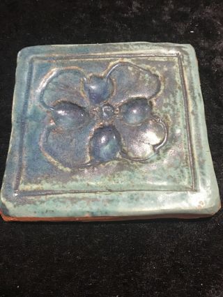 Vintage Art Pottery Studio Tile Floral Green Blue Impressed Marks