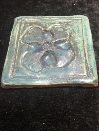 Vintage Art Pottery Studio Tile Floral Green Blue Impressed Marks 2