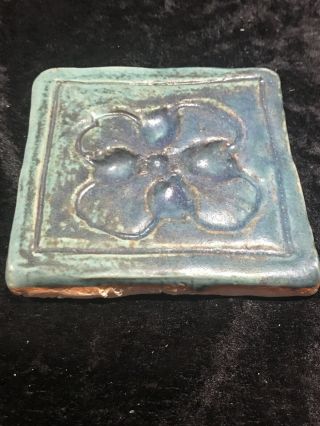 Vintage Art Pottery Studio Tile Floral Green Blue Impressed Marks 3