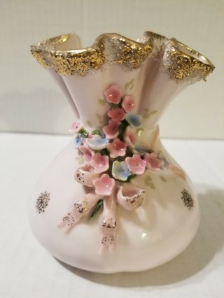 Vintage Lefton China Hand Painted Pink Ruffled Bag Vase