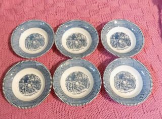 Set Of 6 Blue Currier And Ives 5 1/2 " Berry Fruit Dessert Bowls By Royal China