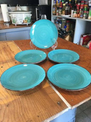 Set Of 5 Royal Norfolk Swirl Turquoise 7 1/2” Plates.  Brown Trim Great Color