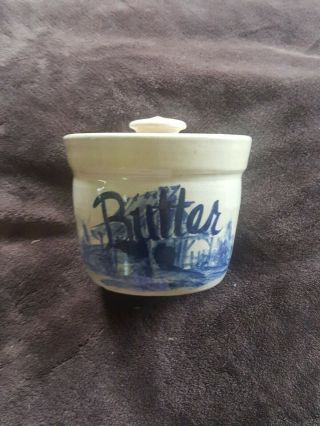 P.  R.  Storie Pottery Co Marshall,  Tx 4 1/4 " Butter Crock W/ Lid Blue Barn Scene