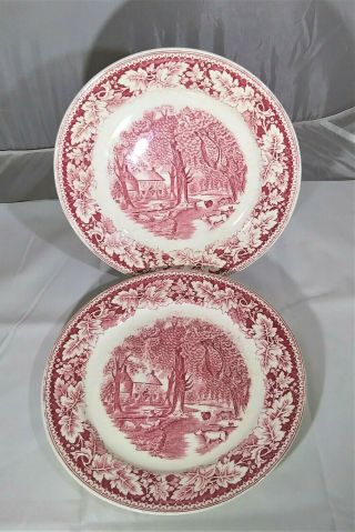 2 Currier And Ives,  Home Sweet Home,  Red Dinner Plates,  10”,  Homer Laughlin