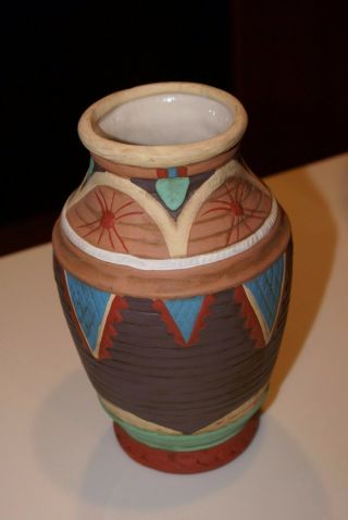 Vintage Southwest Clay Pottery Vase Hand Painted 8.  5 " Hx 3 1/4 " D