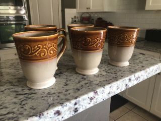 5 Better Homes and Garden EMBOSSED SCROLL Brown Rim Stoneware Mugs Cups 5 