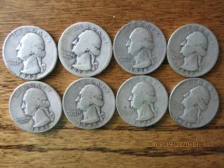 8 Washington Quarters= Silver 1938,  1936,  1937,  1942,  1945,  1946,  1941,  1948.