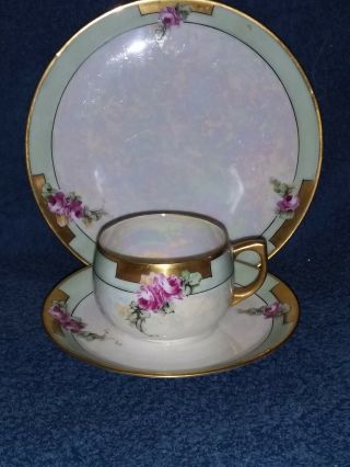 D & B Lusterware Pearl Descent Pink Rose Design Tea Cup,  Saucer & Small Plate