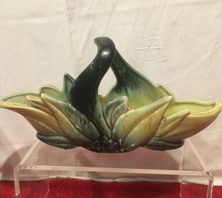 Hull Pottery Poinsettia Planter Bowl Green & Yellow Leaf Handled Basket