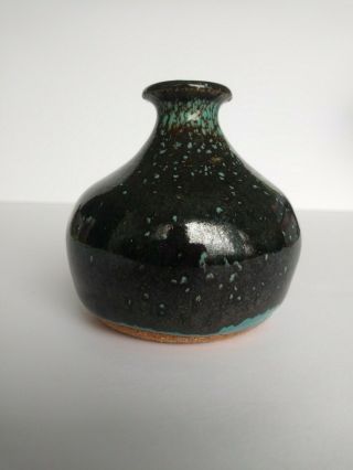 Dark Brown And Turqoise Speckled Clay Pottery Weed Pot Vase 2 3/4 " Tall