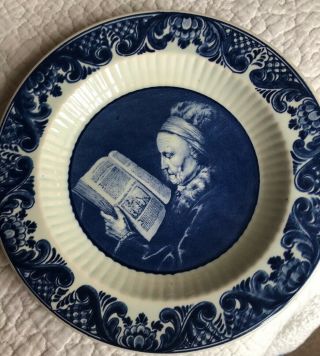 Blue Delfts Holland Hand Painted 12 " Blue & White Lady Reading Wall Plate