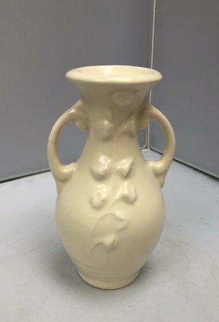 Vintage Shawnee Pottery Vase 2 Handle Matte Ivory With Raised Flower Design
