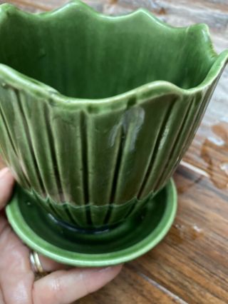 Vintage Mcm Mcp Mccoy Usa Dark Green Planter With Attached Saucer