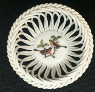 Herend Hungary Porcelain Breakthrough Basket Bowl Dish Birds White 3.  75 " D Euc