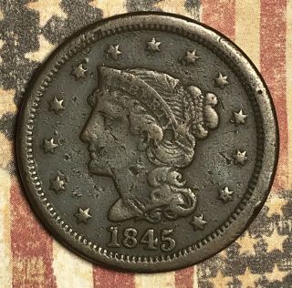 1845 Braided Hair Copper Large Cent Collector Coin.