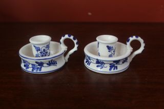 (2) Vintage Delft Blue White Porcelain Taper Candle Holders Hand Painted Holland