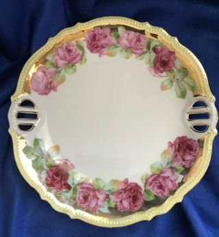Pk Silesia Porcelain Pink Roses Floral Handled Serving Plate Gold Trim 1914 - 18