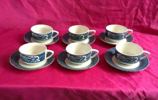 Set Of 6 Currier And Ives Blue Cups And Saucers,  Royal China Co.  -