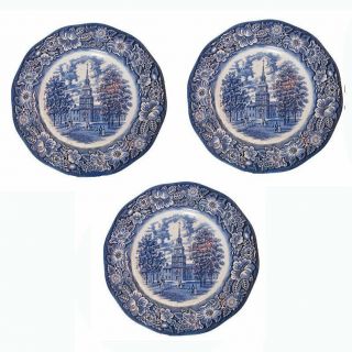 3 Liberty Blue Dinner Plates Staffordshire Ironstone Independence Hall,  10 "