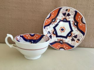 Antique Gaudy Welsh Imari Style Staffordshire Cup & Saucer