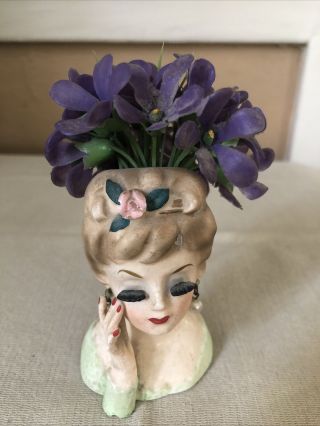 Vintage Inarco E - 480 Miniature Lady Head Vase 1963 Violets Pearl Earrings Green