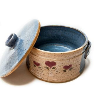 Vintage Handmade Country Folk Art Ceramic Pottery 6.  5 " Round Trinket Container