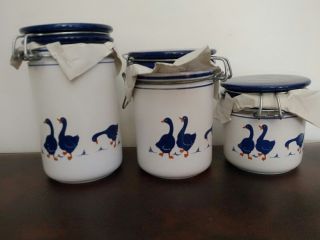 3 Vtg Rosenthal Netter Italy Pottery Canisters Jars Blue Geese
