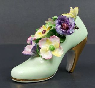 Vintage Denton Bone China Porcelain High Heeled Shoe Applied Flowers England