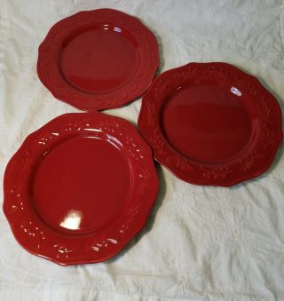 3 Red Garnet Dinner Plates 11 " With Raised Leaf Rim,  By Better Homes And Gardens