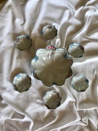 Vintage Nippon Nut Candy Dish Set Of 7 Pink Blue White Gold Flower Hand - Painted