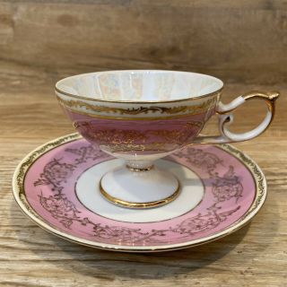 Vintage Napco Hand Painted Victorian Teacup & Saucer Set Japan Iyd 200 Pink Gold