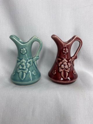 2 Shawnee Usa Pottery Burgandy & Turquoise Mini Miniature Pitcher Figurines