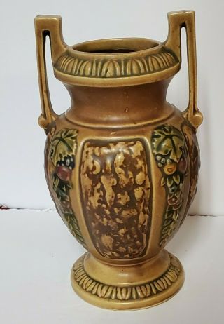 Roseville Pottery Florentine Art Deco 2 Handled Vase 8 3/8 " Brown Marked