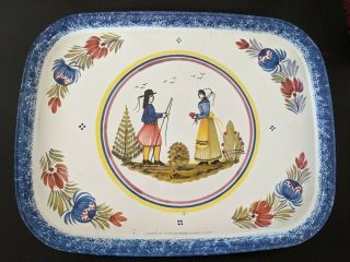 Faienceries Henriot Quimper Tray France Man Woman Metal Tin 12 " X9.  5 " Massilly