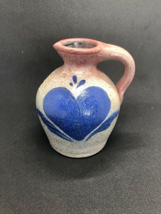 Rowe Pottery Salt Glaze 5” Jug Cobalt Blue Heart Red Rim