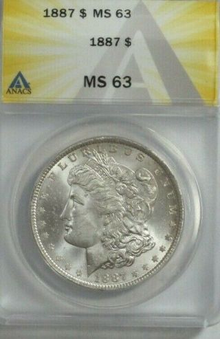 1887 Morgan Silver Dollar,  Anacs Ms63,  Very Lustrous,